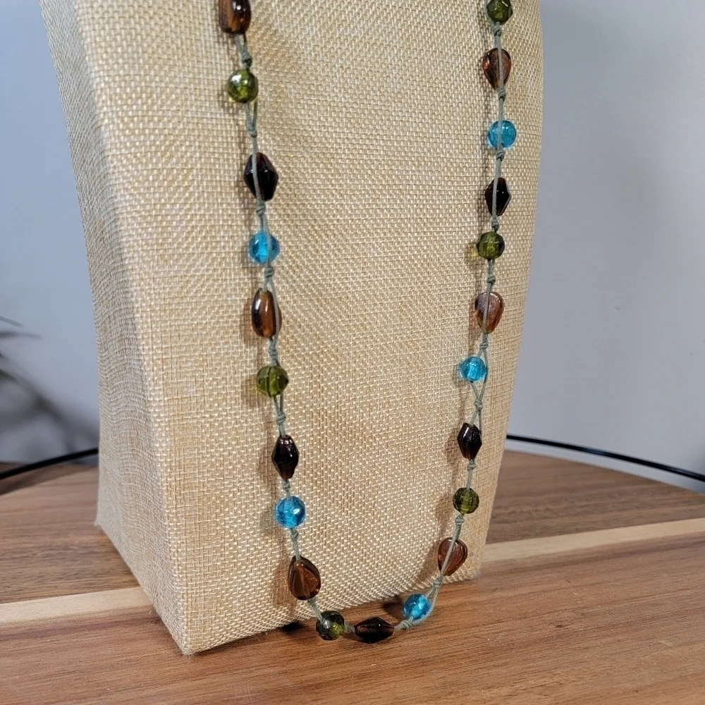 Long beaded Necklace Embroidered Strand Pull over Summer Brown Green Blue Aqua